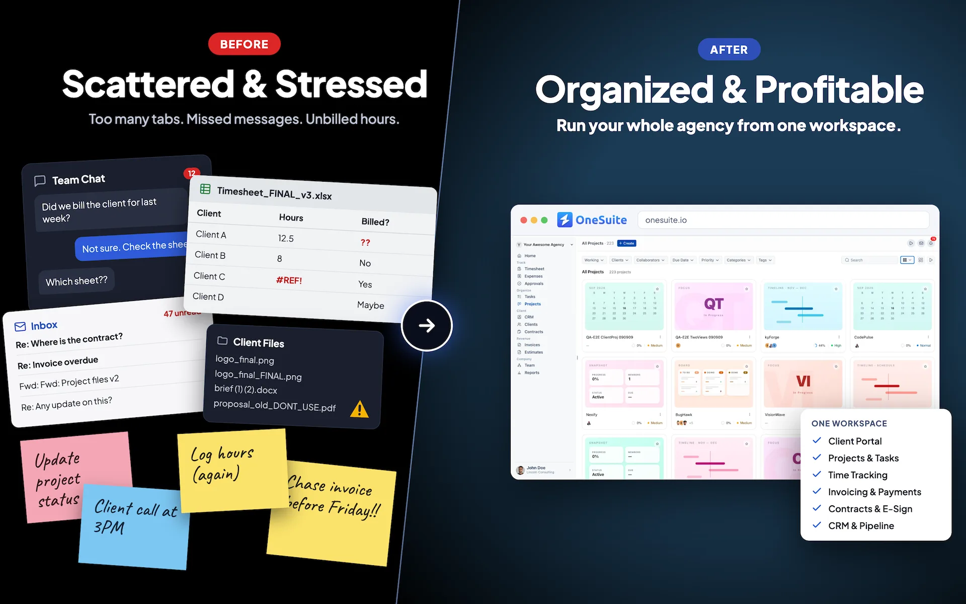 Before: scattered tools, missed messages and unbilled hours. After: one organized, profitable OneSuite workspace with client portal, projects, time tracking, invoicing, contracts and CRM.