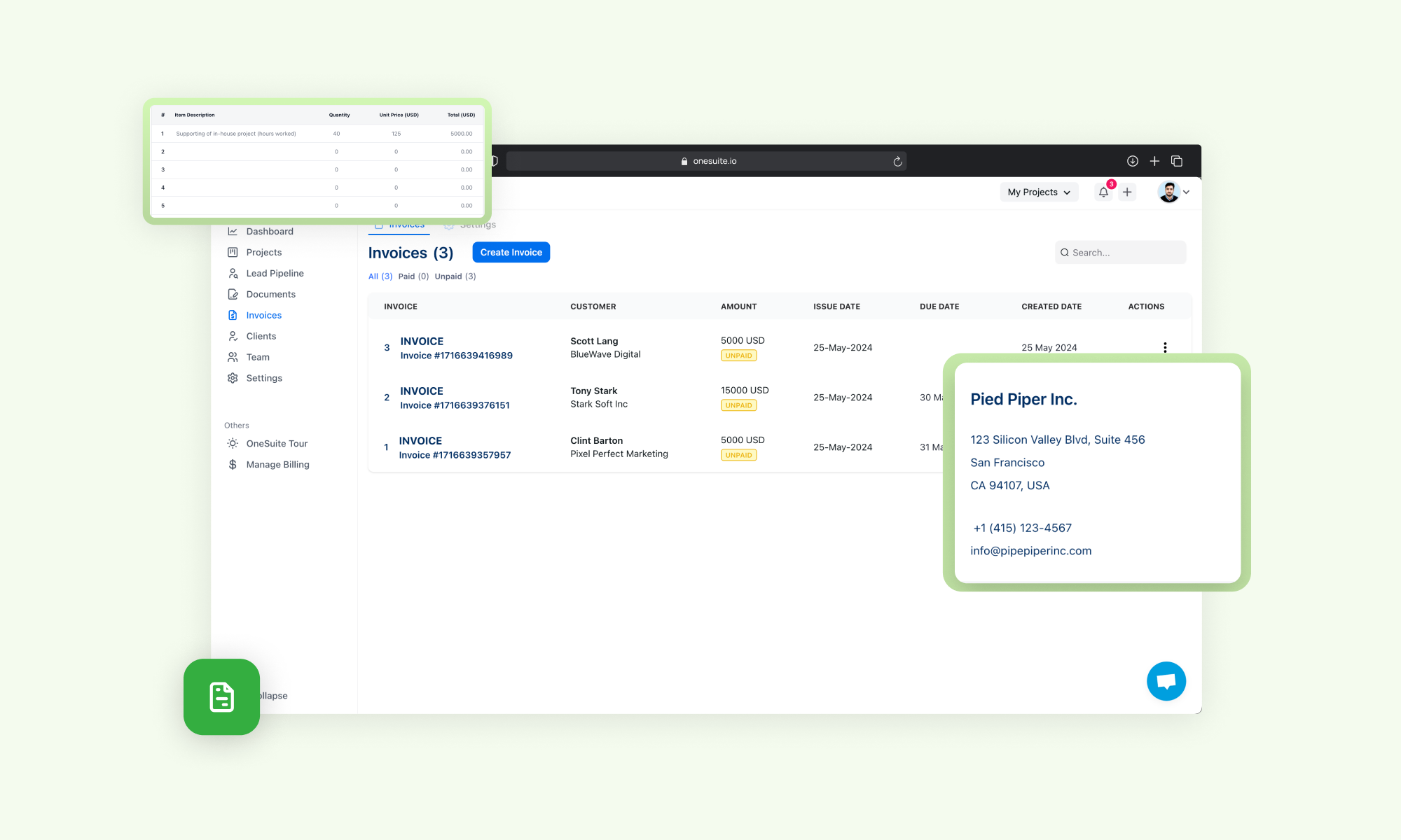 An overview of invoices and payments made to OneSuite