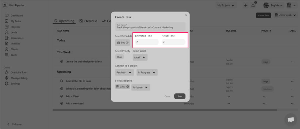 Manage Task Time in OneSuite