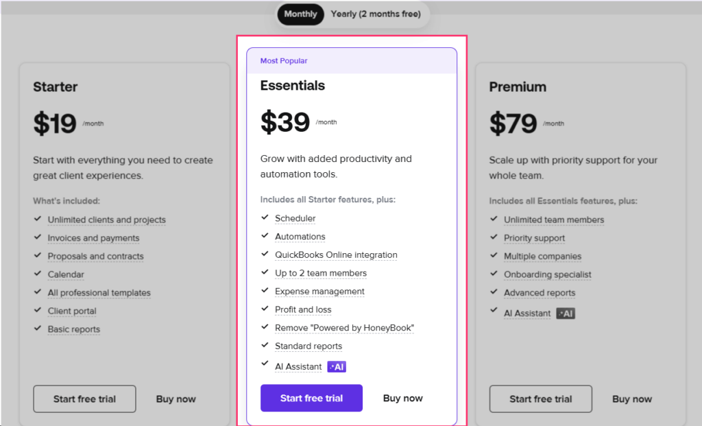 Essentials Plan of HoneyBook