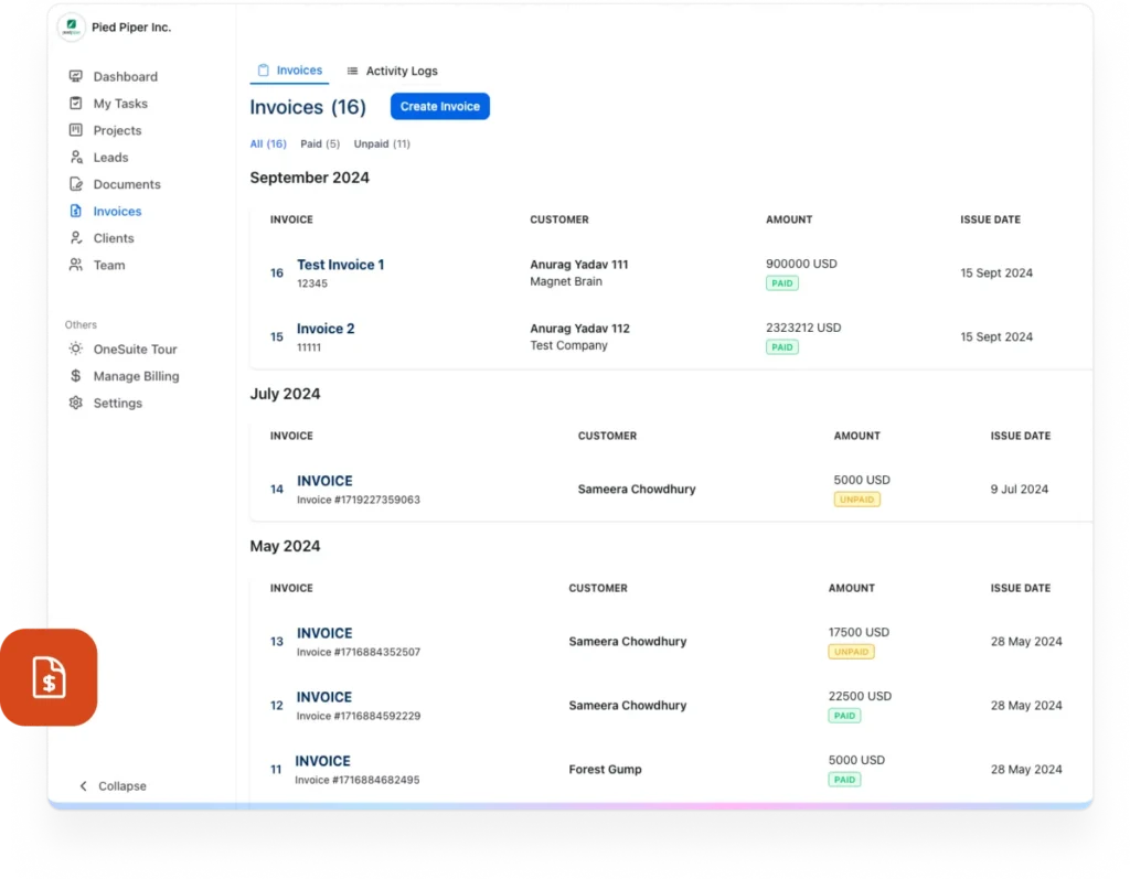 Invoice of onesuite