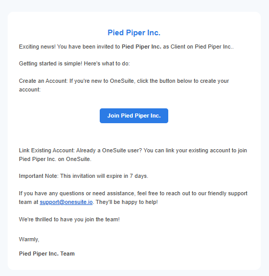 Invitation Email from the OneSuite's Client Portal