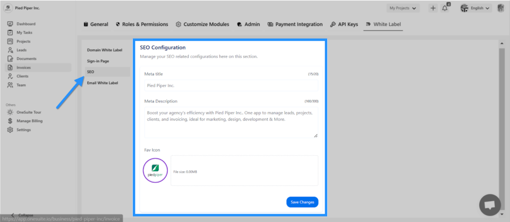 SEO Configuration Settings on OneSuite