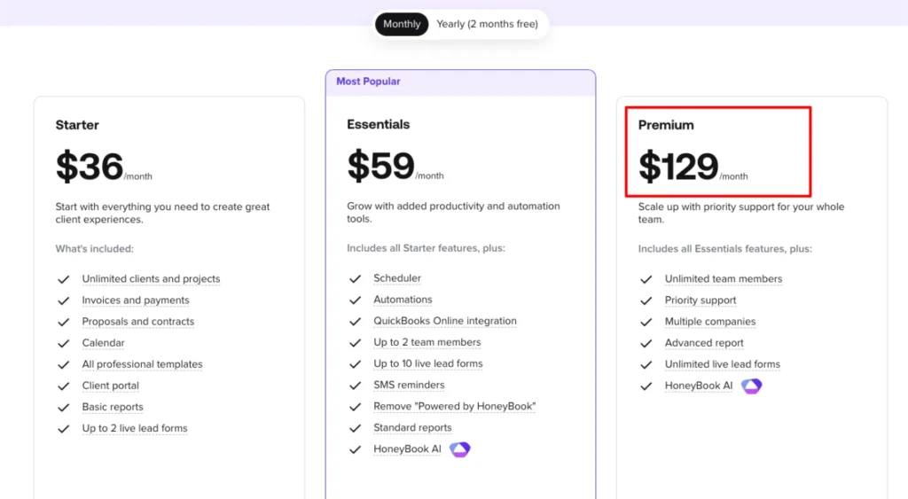premium plan of honeybook pricing