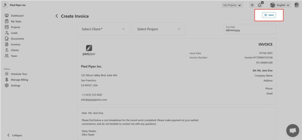 Save Invoice in OneSuite