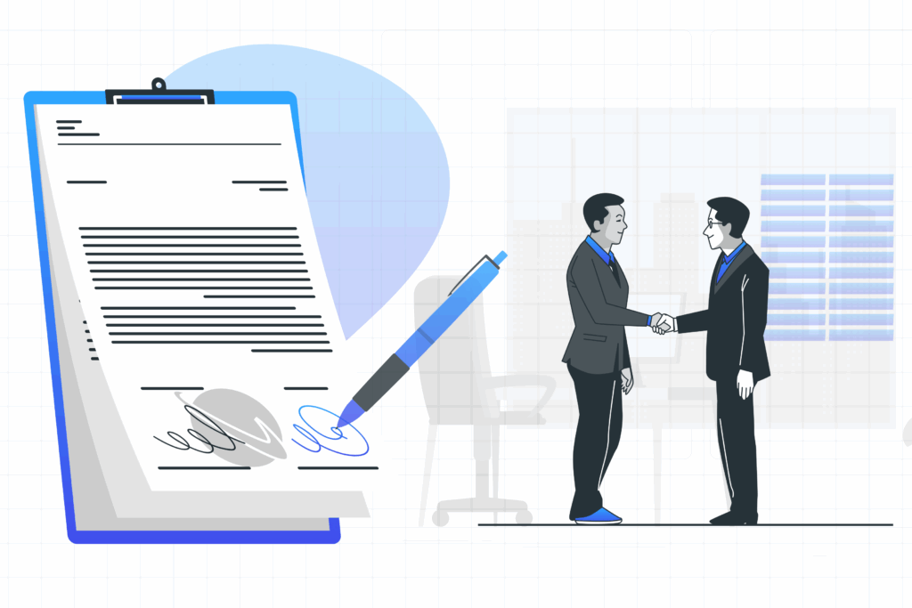 Business handshake with signed service agreement and digital signature illustration – service agreement template concept.