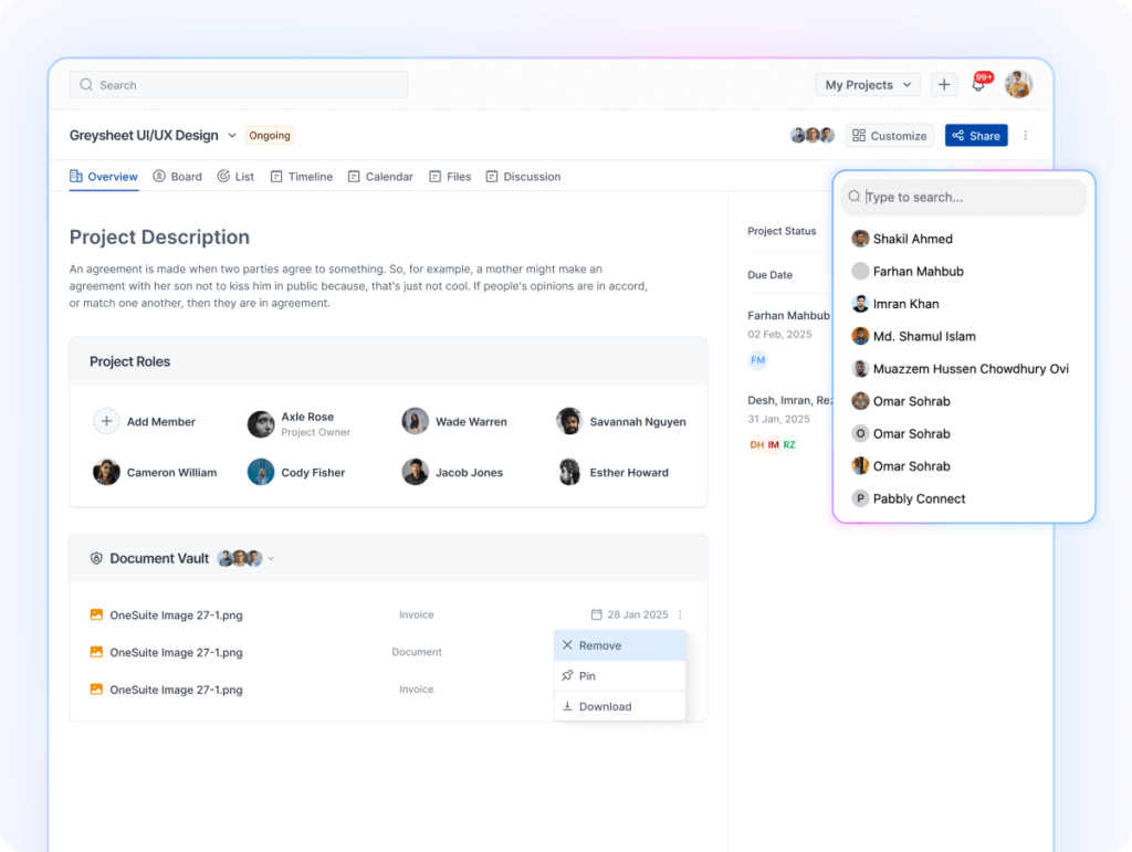 OneSuite collaboration dashboard for assigning projects, tracking progress, and managing tasks in real-time with clients