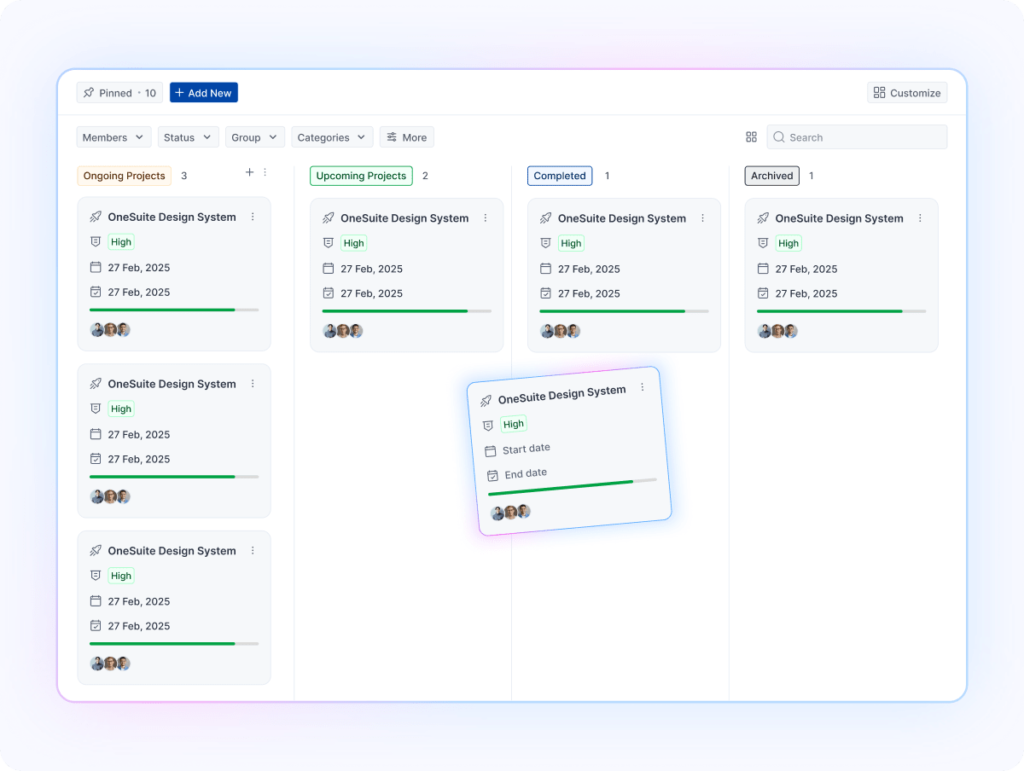 OneSuite kanban-style dashboard showing project deliverables for client review, approval, and feedback tracking