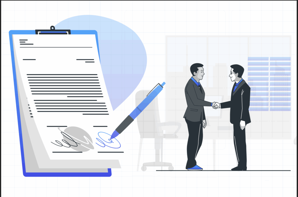 Illustration of two professionals shaking hands after signing an independent contractor agreement, symbolizing a freelance design contract deal.