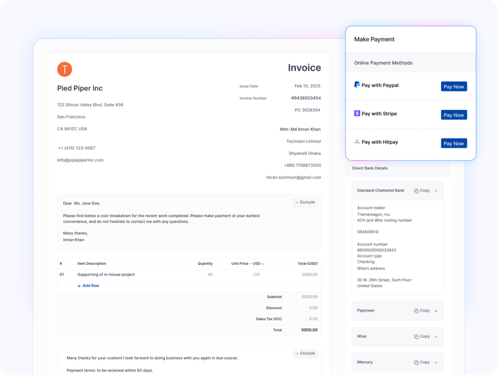 OneSuite invoice with online payment options like Stripe, PayPal, and HitPay for fast client payments