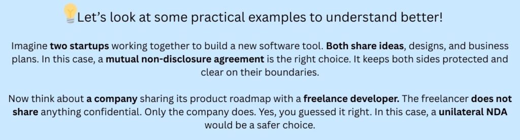 Comparison image showing examples of when to use a mutual NDA versus a unilateral NDA, with a focus on startups collaborating and a company sharing information with a freelance developer.
