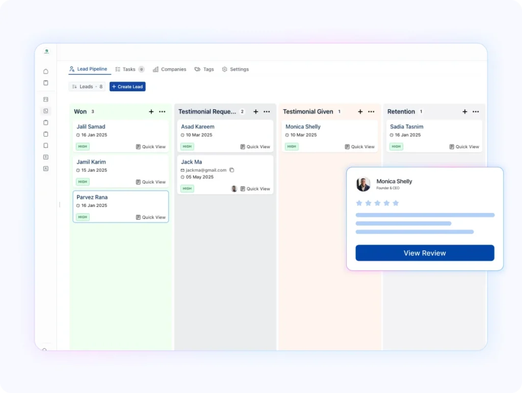 OneSuite client offboarding dashboard showing testimonial requests and review collection to build brand reputation
