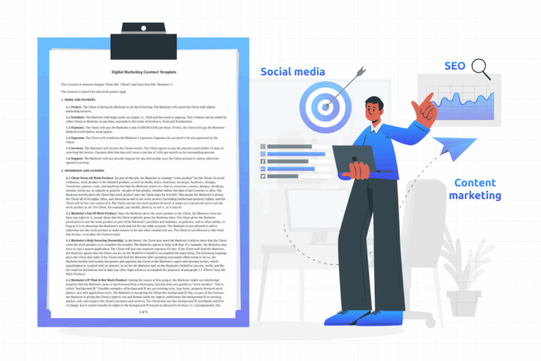 Sample digital marketing contract template showing agreement terms, scope of work, deliverables, payment schedule, and client-agency responsibilities.