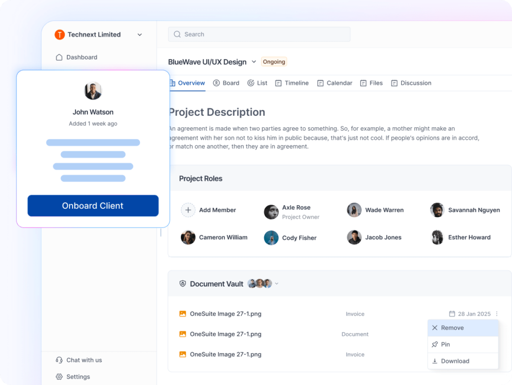 OneSuite onboarding message highlighting 70% faster setup with one-click client login and branded portal access