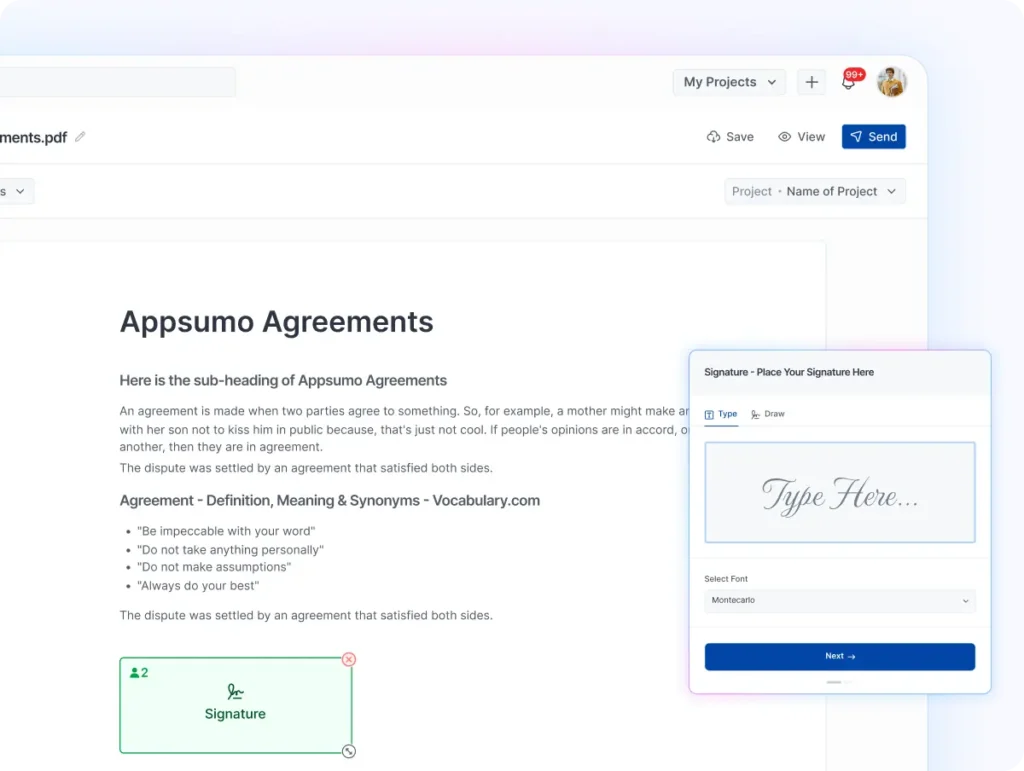 OneSuite interface for sending NDAs and agreements with eIDAS-compliant eSignatures and secure client profile storage