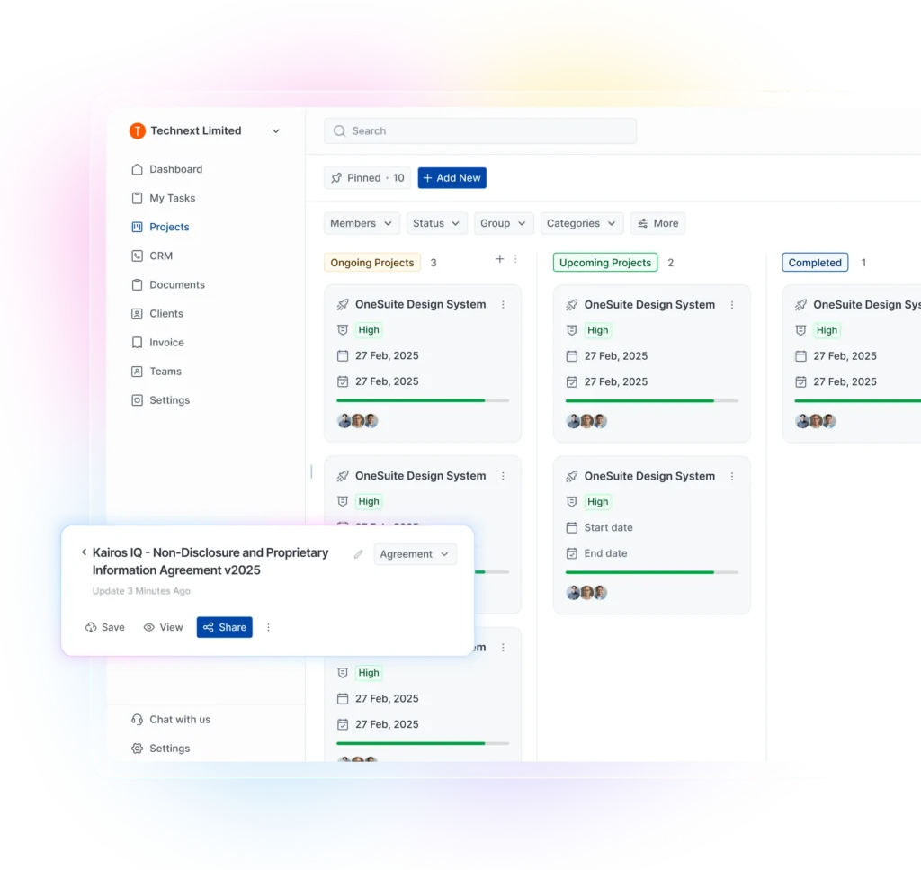 Project management software interface showing dashboard with project tools
