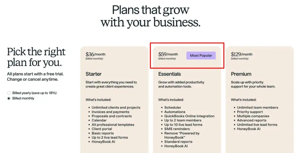 Honeybook essentials plan