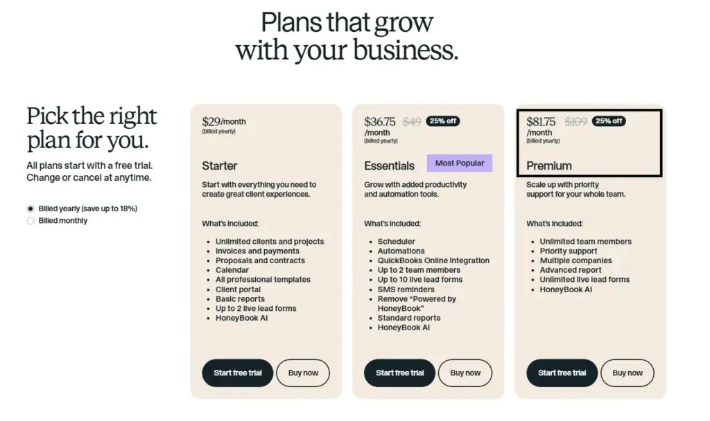 Honeybook premium plan
