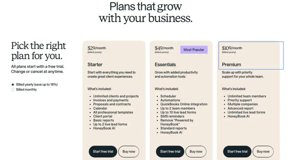 Honeybook premium plan