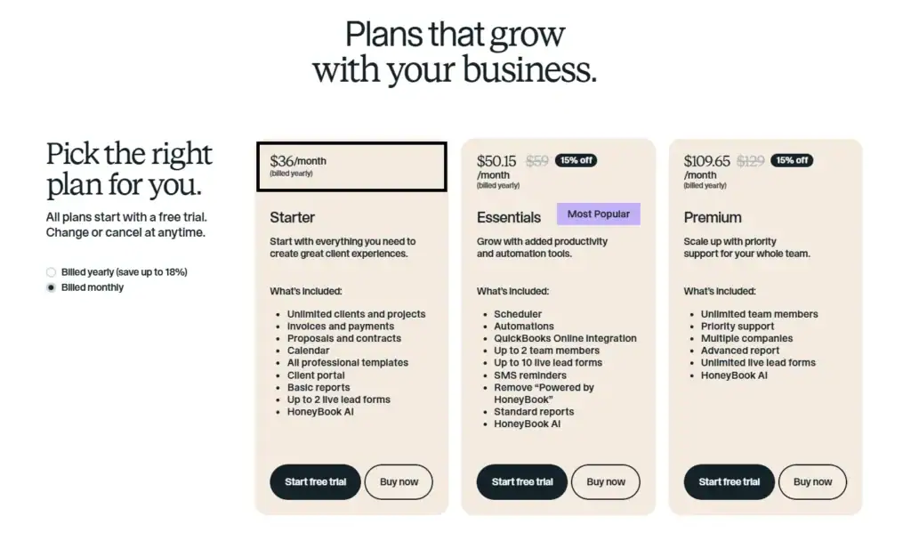 Honeybook starting pricing