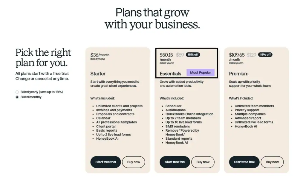 Honeybook essentials plan