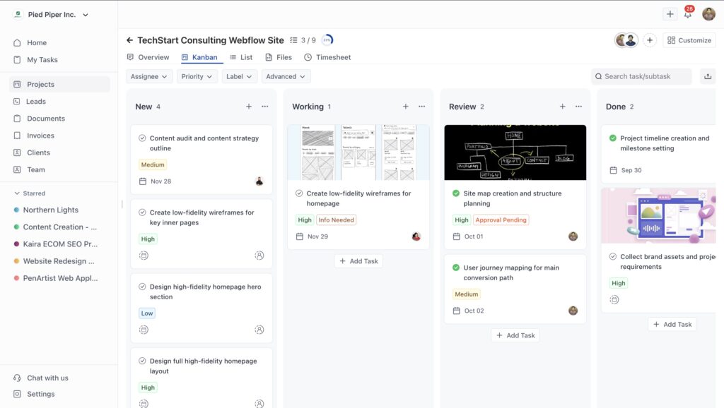 Kanban board showing tasks for a website design project, with columns for New, Working, Review, and Done, including wireframing, sitemap planning, and high-fidelity design tasks.