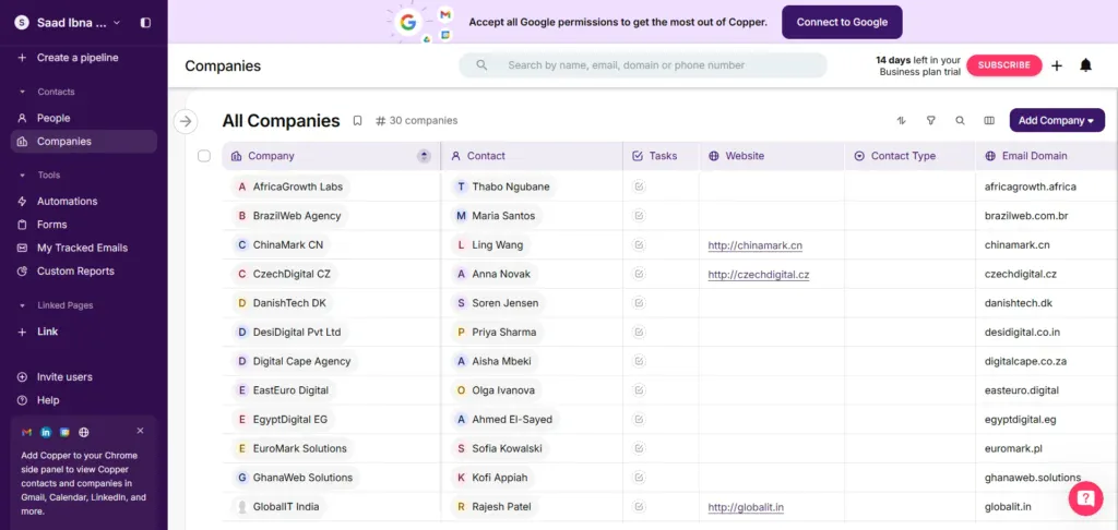 Best CRM with Pipeleine Management - Copper