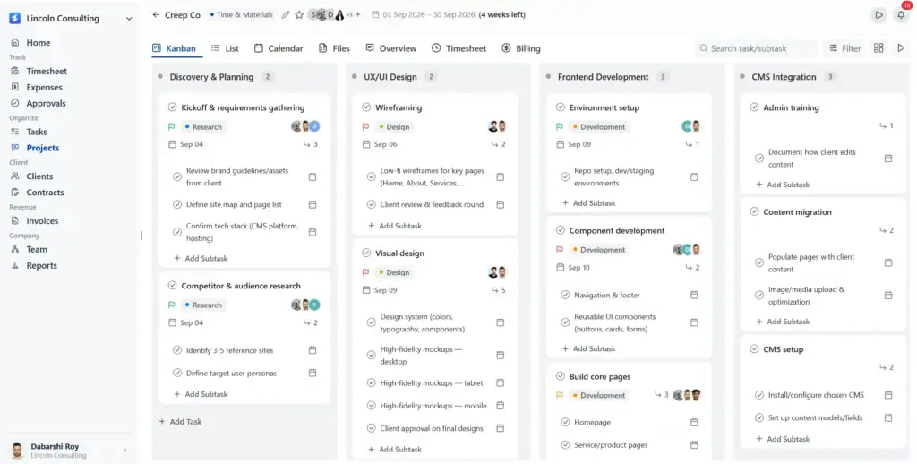 OneSuite Best Harvest Alternative for Agencies. In this image you can see the onesuite's projects in kanban view. 