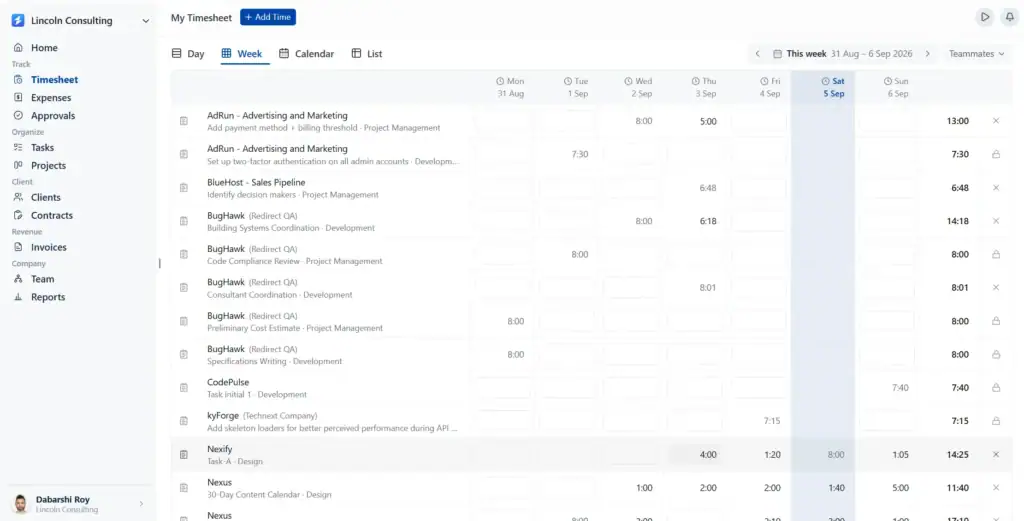 Onesuite Best Harvest alternative for time tracking. This is the  timesheet view of onesuite. showing week view.