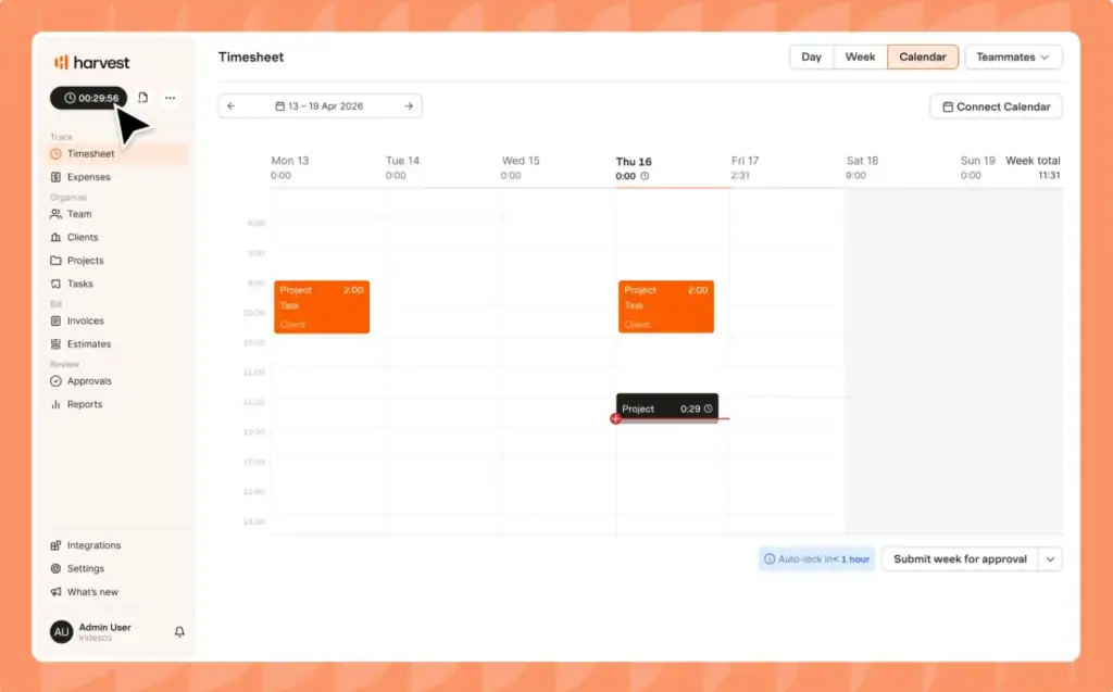 Timesheet view inside Harvest
