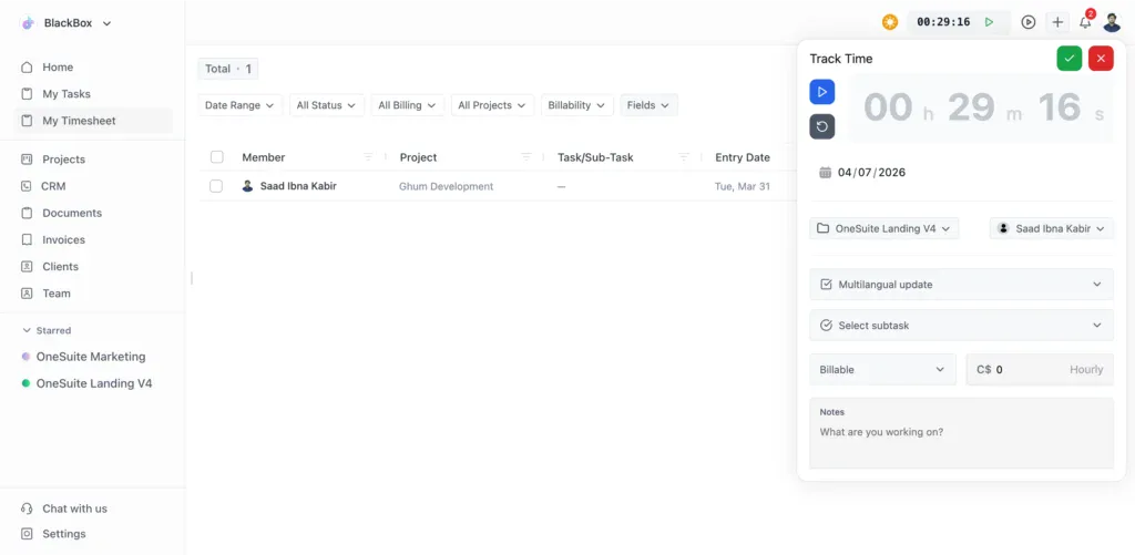 best crm with time tracking - onesuite-timetracking