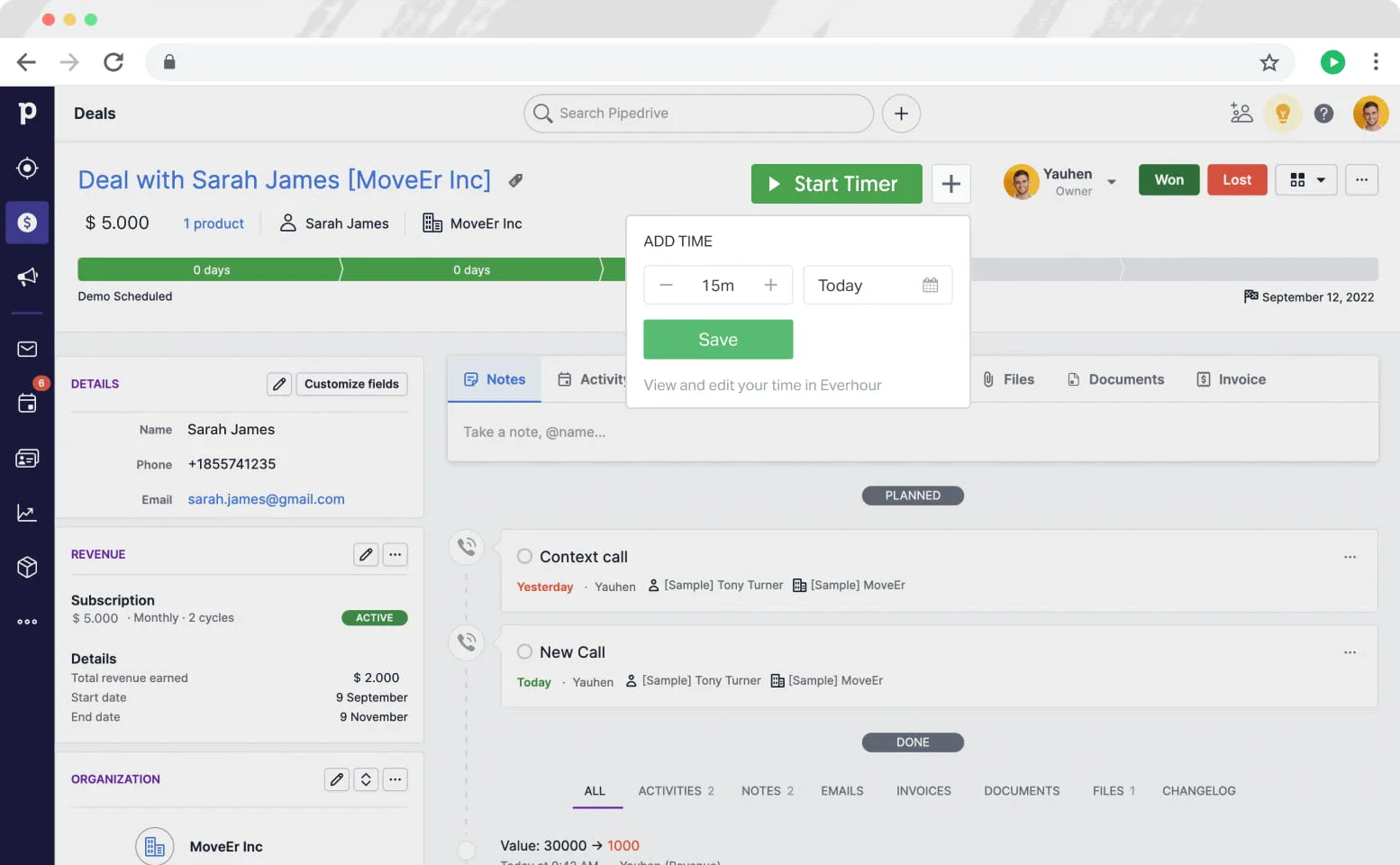 best crm with timetracking - pipedrive-everhour