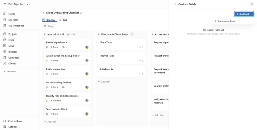 Custom fields are added from the template builder's top-right menu
