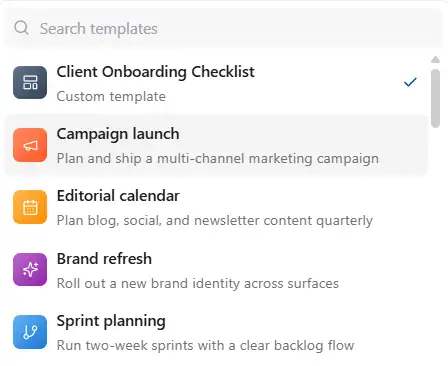Custom templates sort above the built-in set and are searchable by name