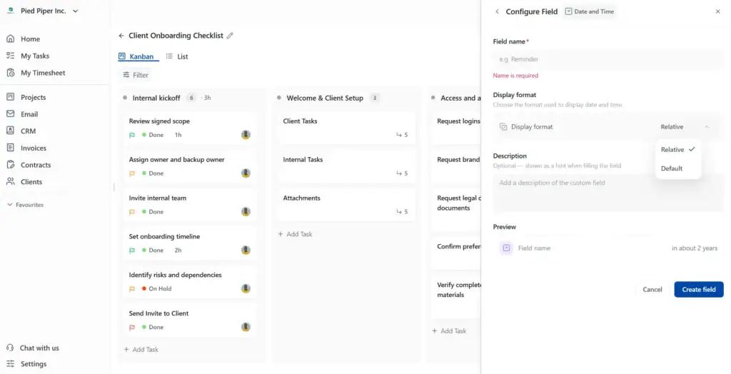 Every field type shares the same setup flow, with a live preview before you create it