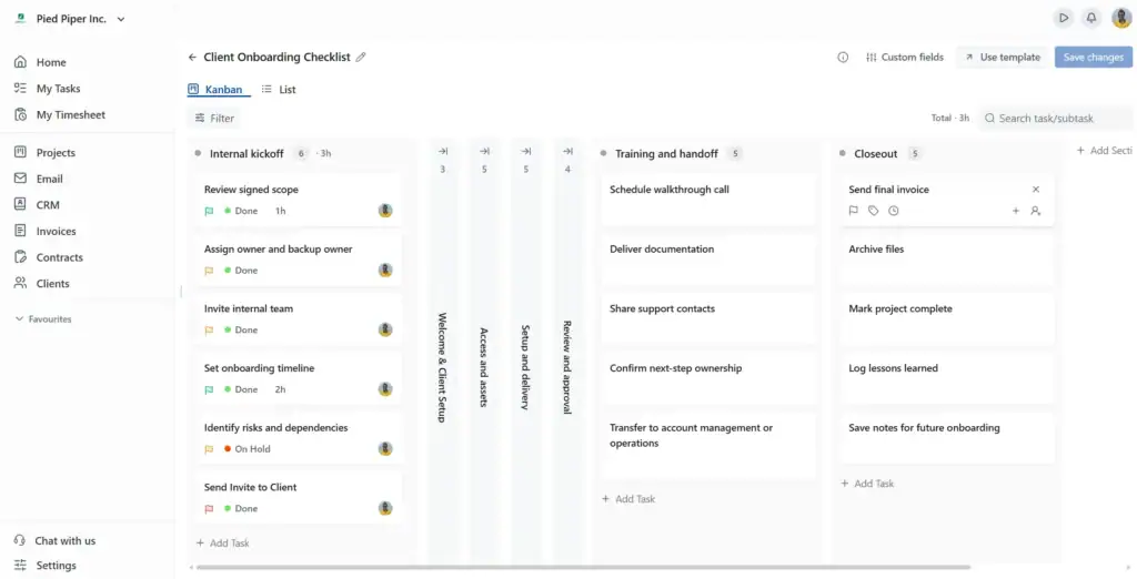 How To Create Project Template - A client onboarding template laid out across seven sections in the OneSuite template builder