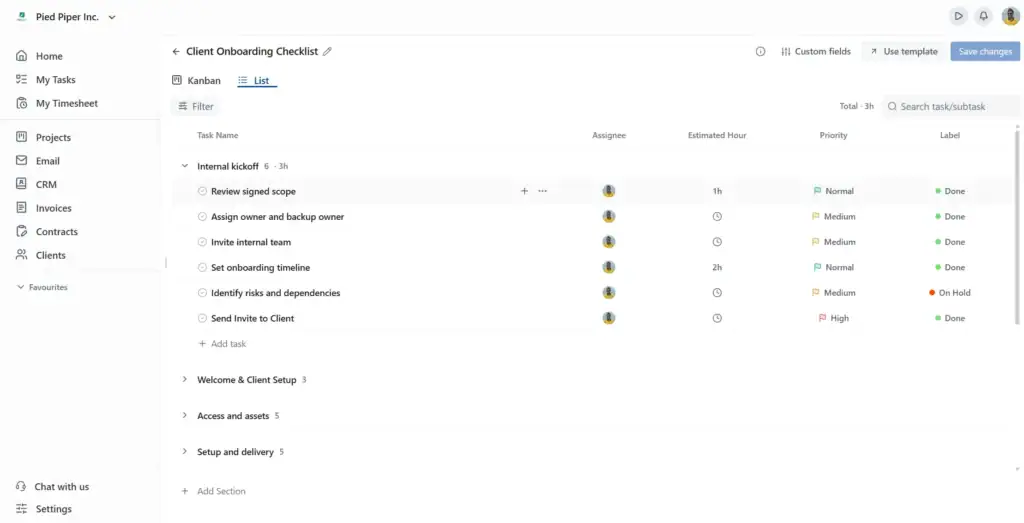 List view surfaces assignee, estimated hours, priority, and label as editable columns