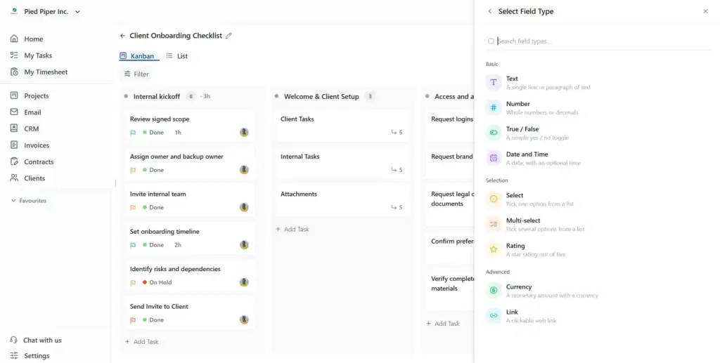 Nine custom field types, grouped into Basic, Selection, and Advanced.