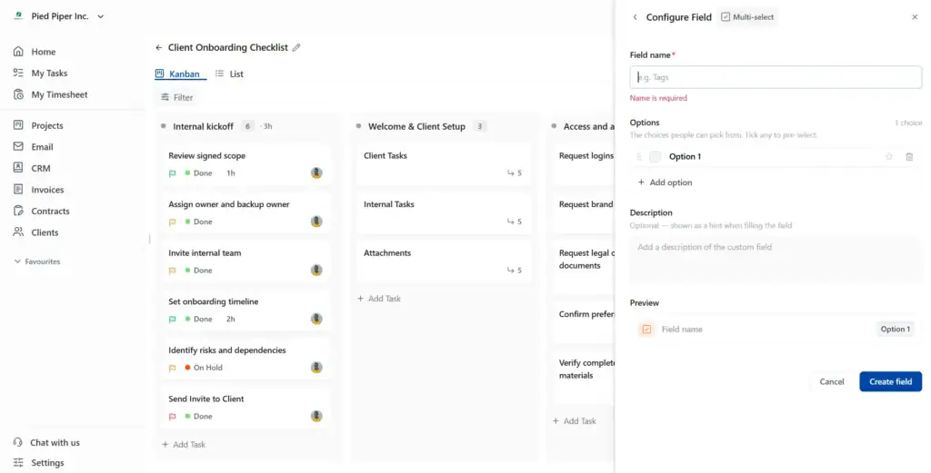 Select and Multi-select fields include a drag-to-reorder options builder