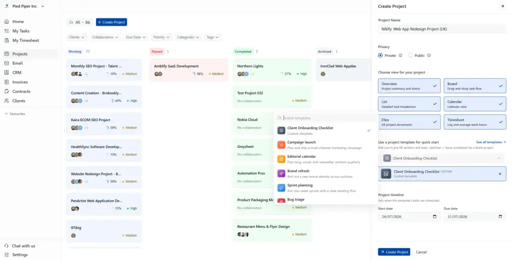 Templates are available directly inside the Create Project drawer