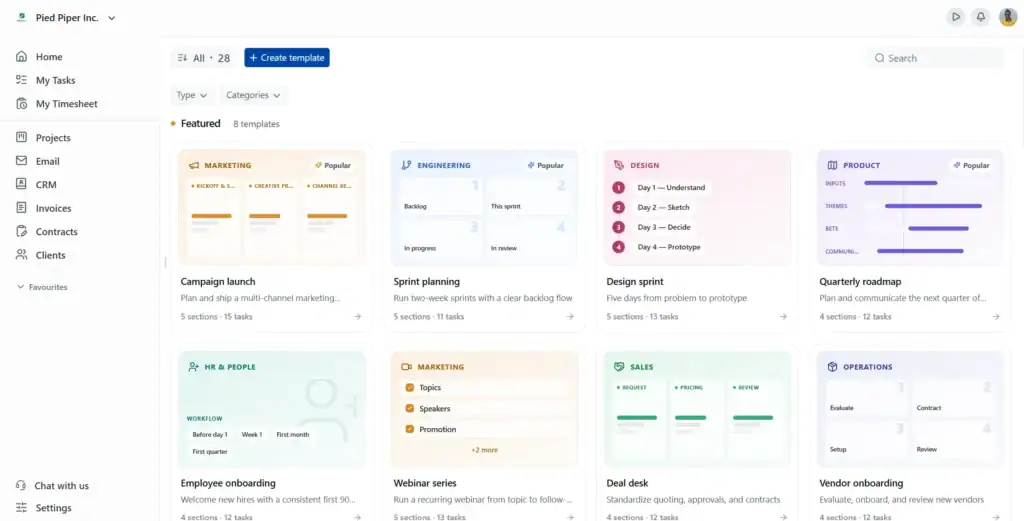 The All Templates library, filterable by type and category.