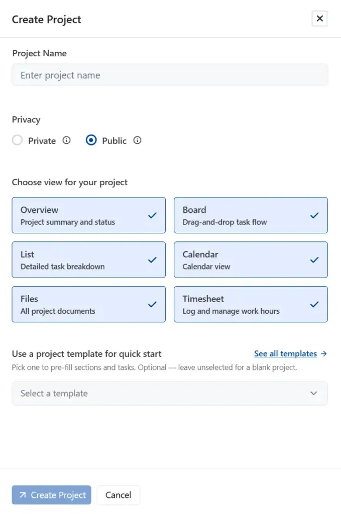 The Create Project drawer before a template is selected