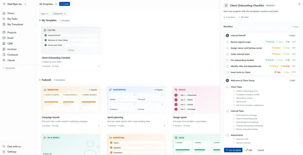 The preview drawer shows every stage, task, and subtask before you use a template