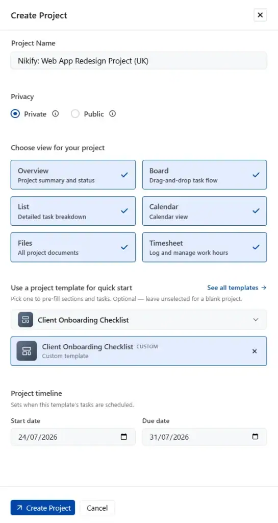 The project timeline fields appear only after you select a template
