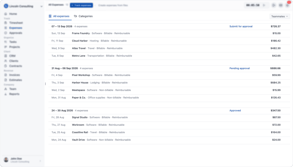 Expenses tracking in onesuite
